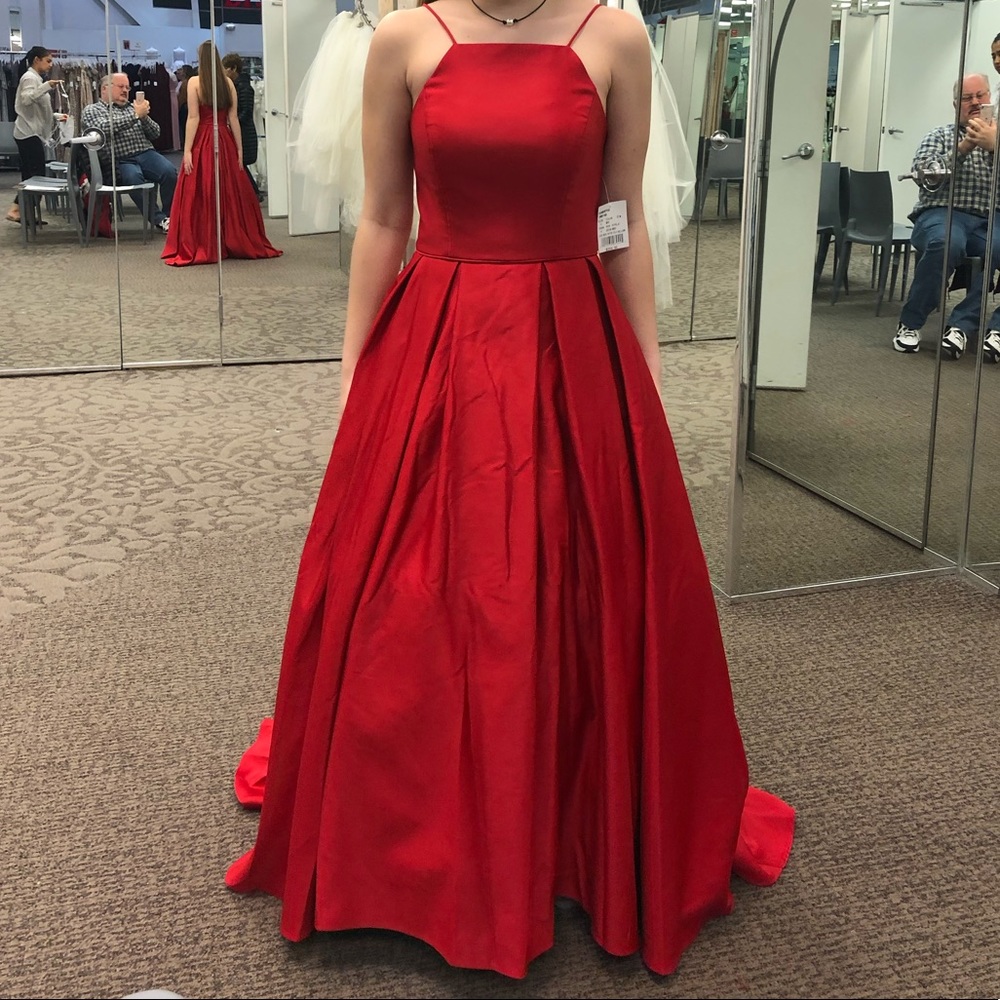 Red, High Neck, Satin Ballgown